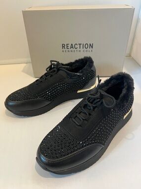 Reaction Kenneth Cole Black Crystal-Embellished Faux-Fur Platform Sneakers